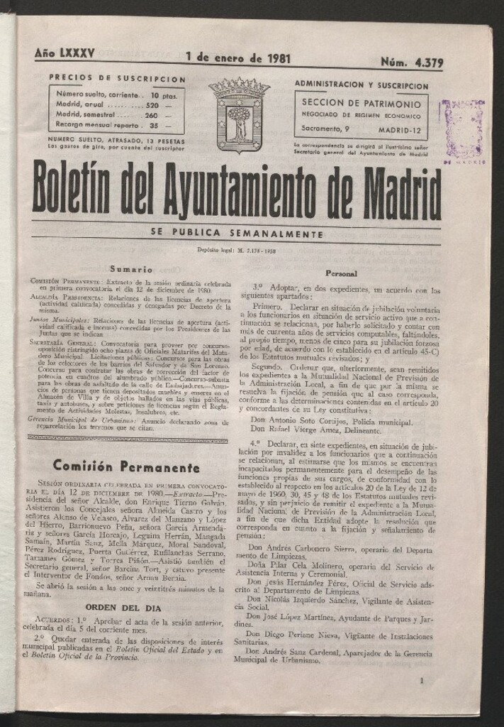 Miniatura de Boletín del Ayuntamiento de Madrid del 1 de enero de 1981