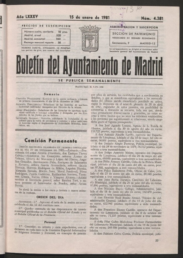 Miniatura de Boletín del Ayuntamiento de Madrid del 15 de enero de 1981