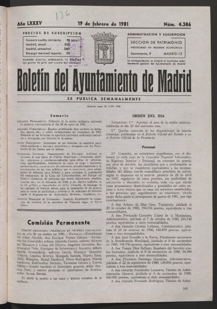 Miniatura de Boletín del Ayuntamiento de Madrid del 19 de febrero de 1981