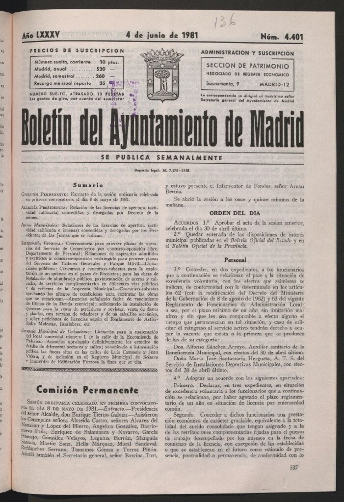 Miniatura de Boletín del Ayuntamiento de Madrid del 4 de junio de 1981
