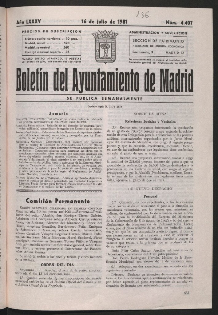 Miniatura de Boletín del Ayuntamiento de Madrid del 16 de julio de 1981