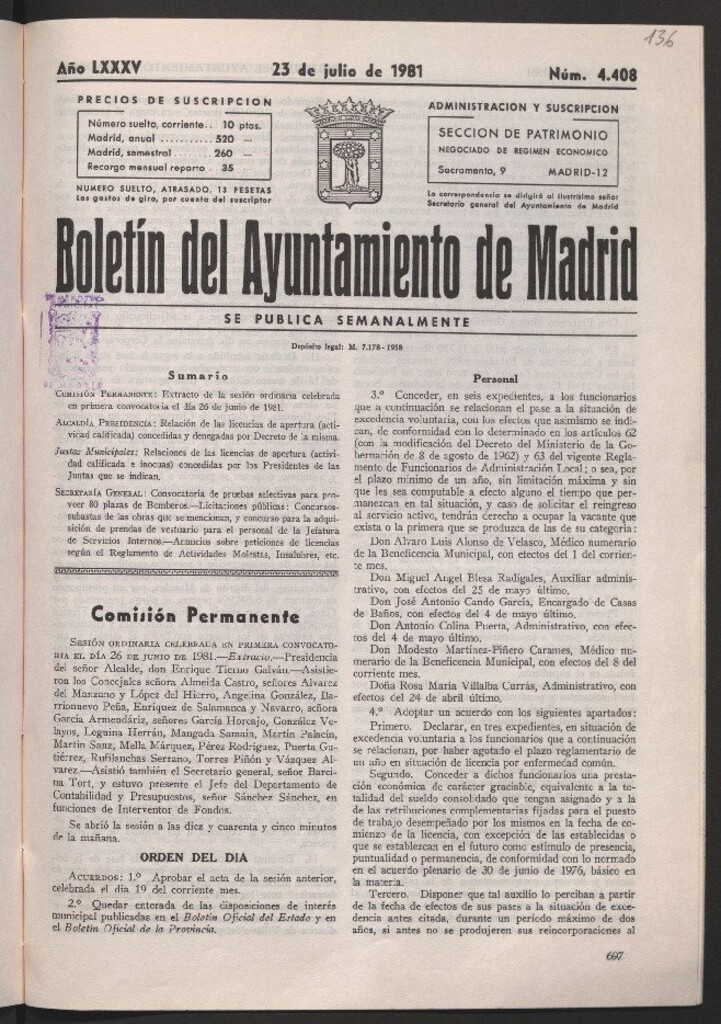 Miniatura de Boletín del Ayuntamiento de Madrid del 23 de julio de 1981