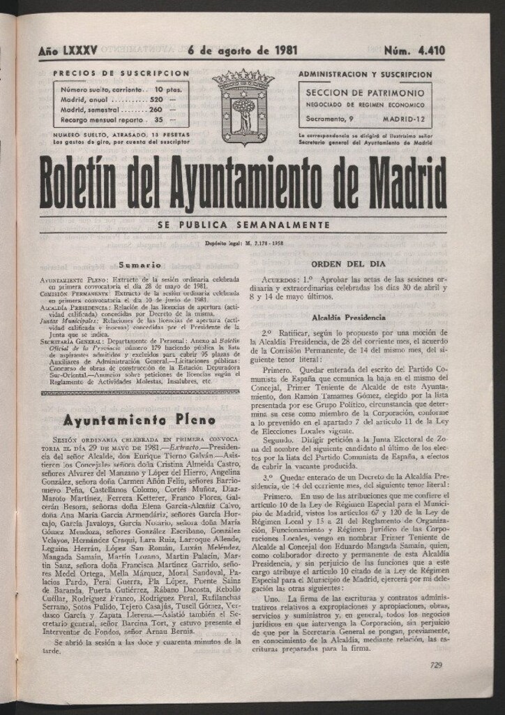 Miniatura de Boletín del Ayuntamiento de Madrid del 6 de agosto de 1981