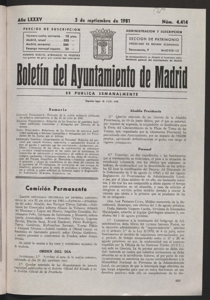 Miniatura de Boletín del Ayuntamiento de Madrid del 3 de septiembre de 1981