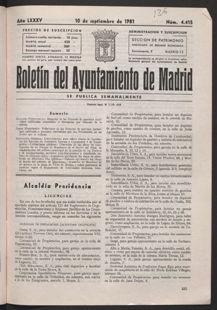 Miniatura de Boletín del Ayuntamiento de Madrid del 10 de septiembre de 1981
