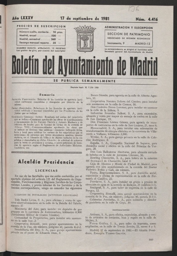 Miniatura de Boletín del Ayuntamiento de Madrid del 17 de septiembre de 1981