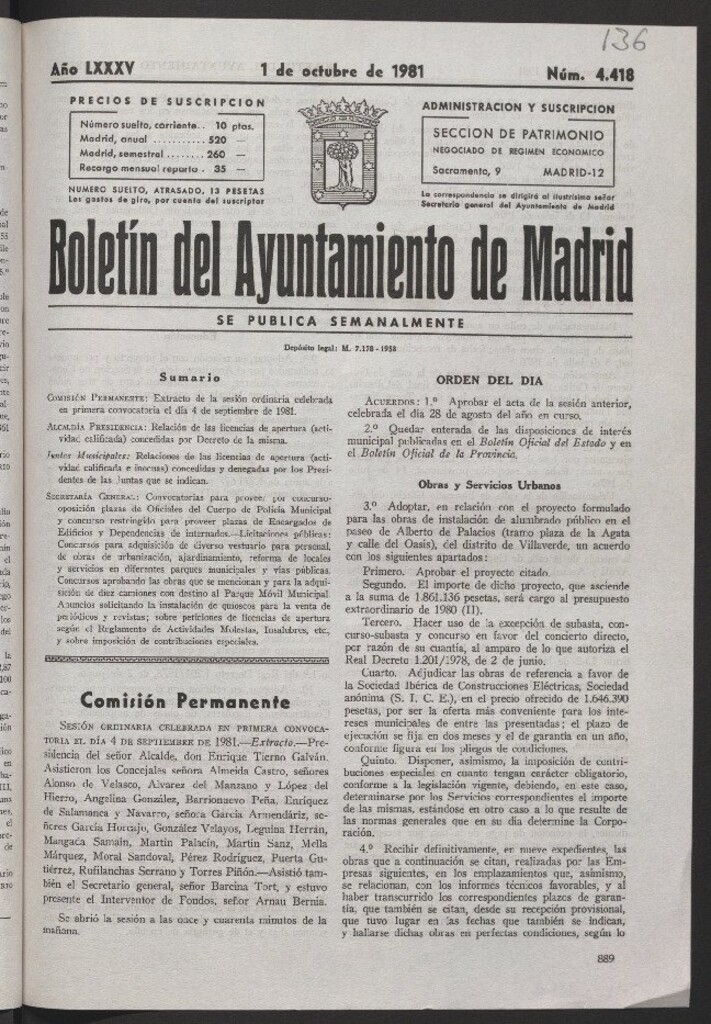 Miniatura de Boletín del Ayuntamiento de Madrid del 1 de octubre de 1981