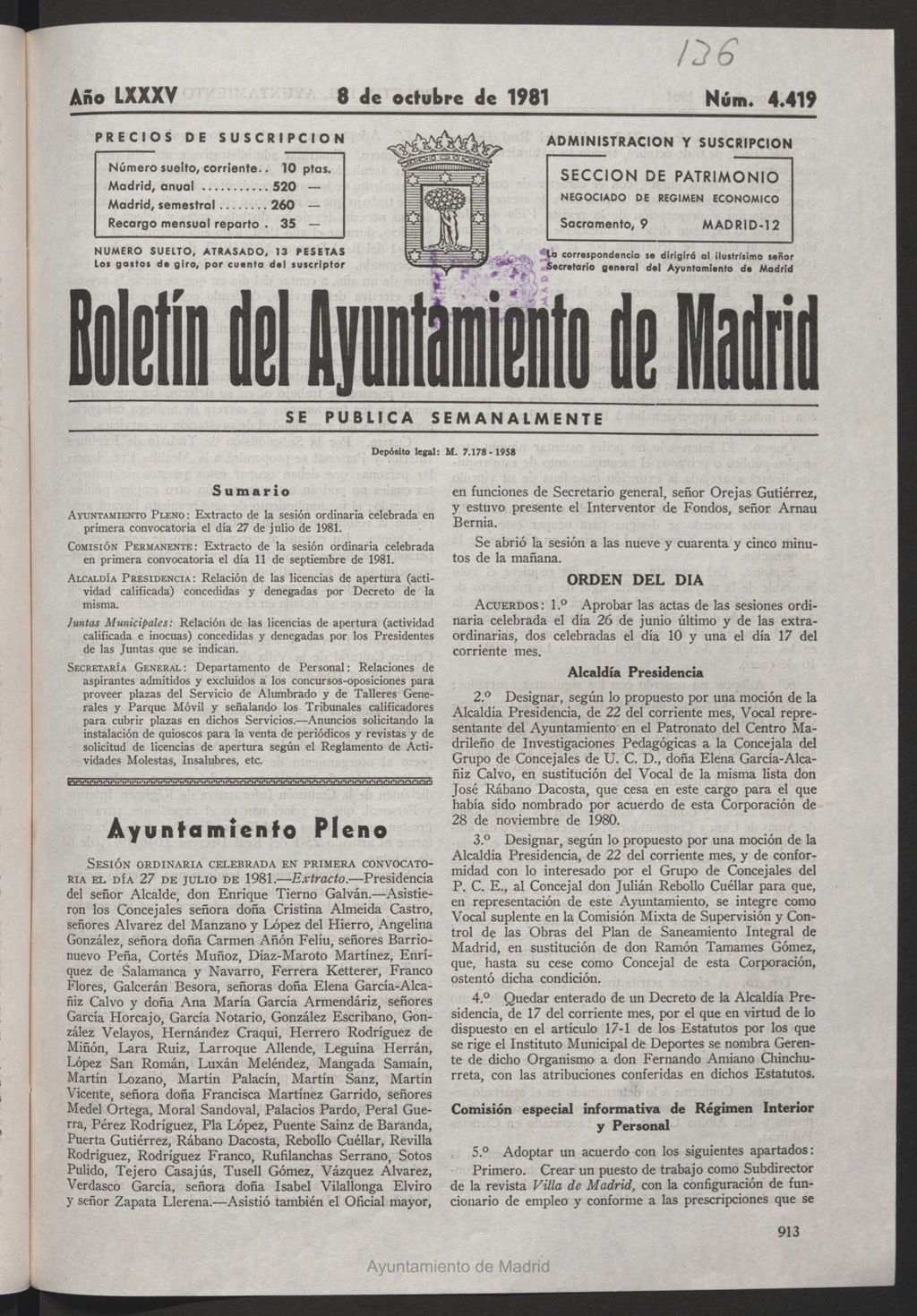 Miniatura de Boletín del Ayuntamiento de Madrid del 8 de octubre de 1981
