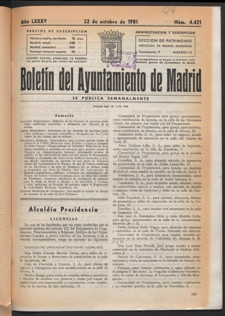 Miniatura de Boletín del Ayuntamiento de Madrid del 22 de octubre de 1981
