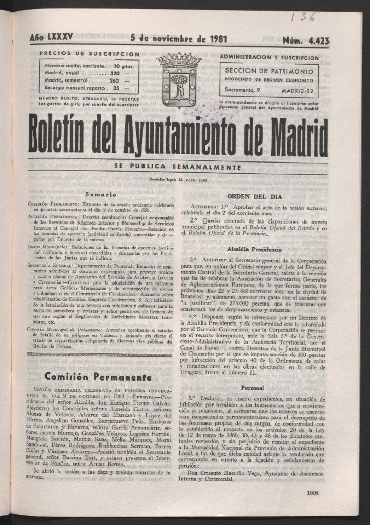 Miniatura de Boletín del Ayuntamiento de Madrid del 5 de noviembre de 1981