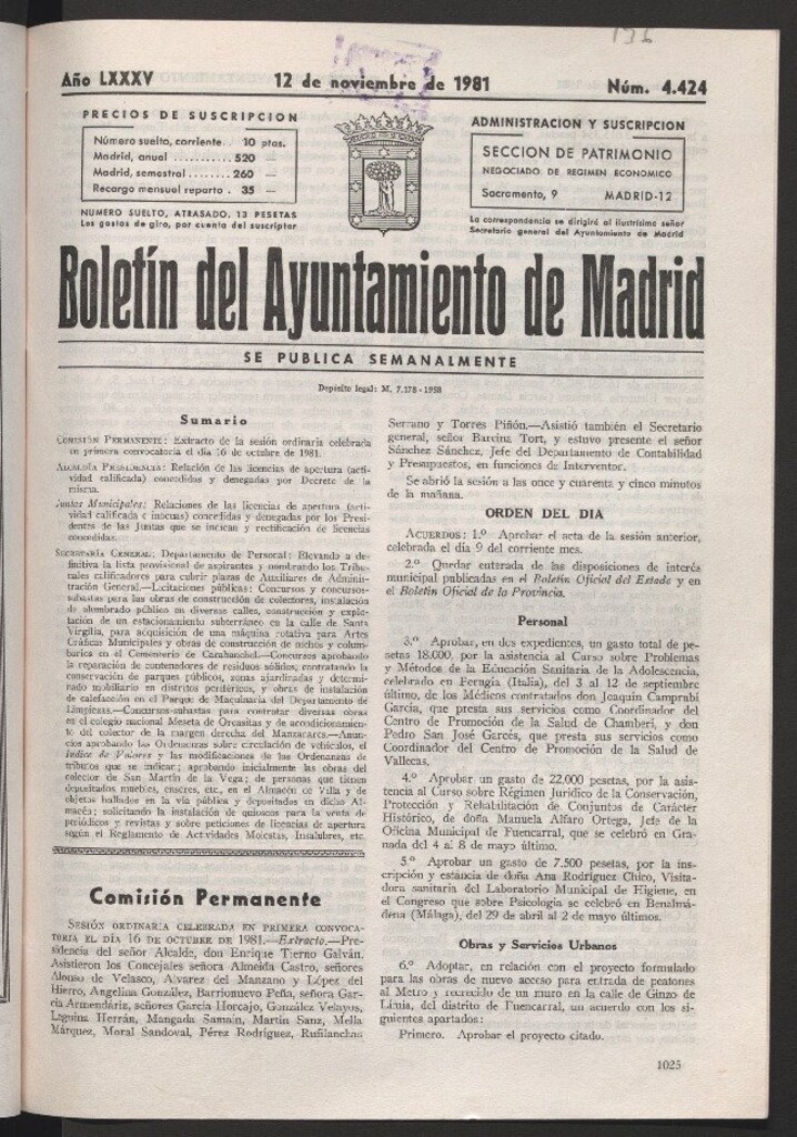 Miniatura de Boletín del Ayuntamiento de Madrid del 12 de noviembre de 1981