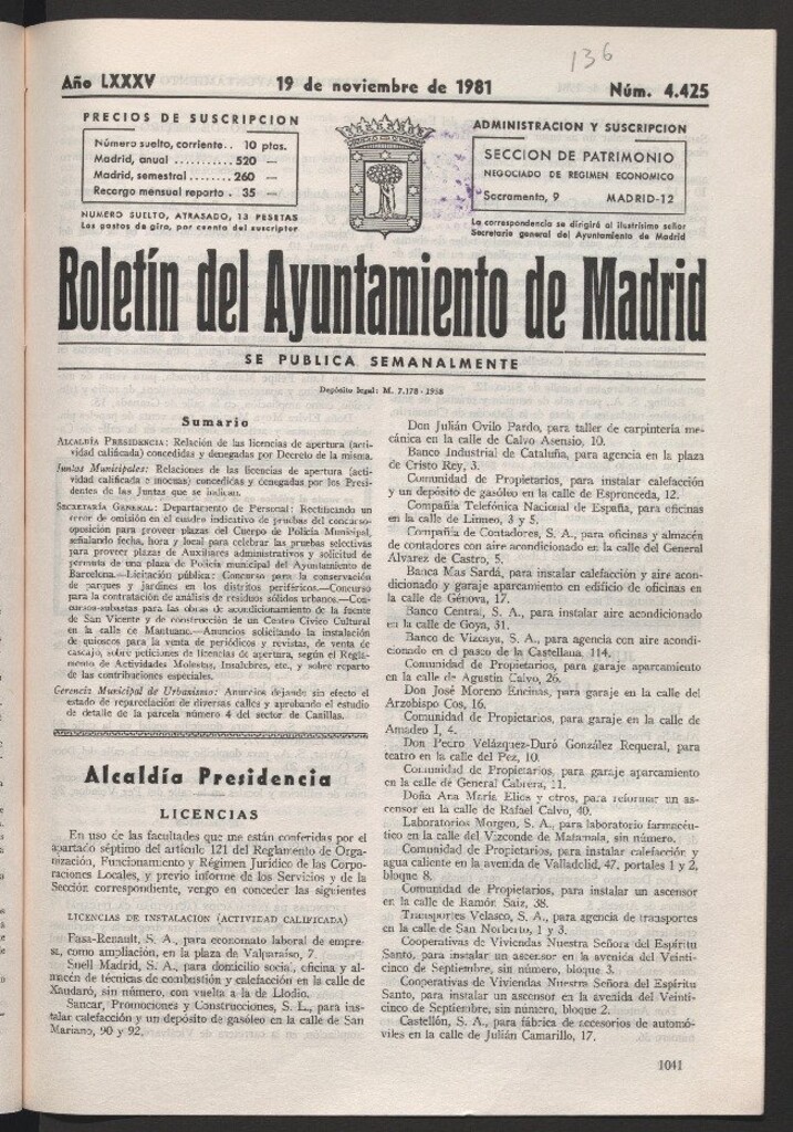 Miniatura de Boletín del Ayuntamiento de Madrid del 19 de noviembre de 1981