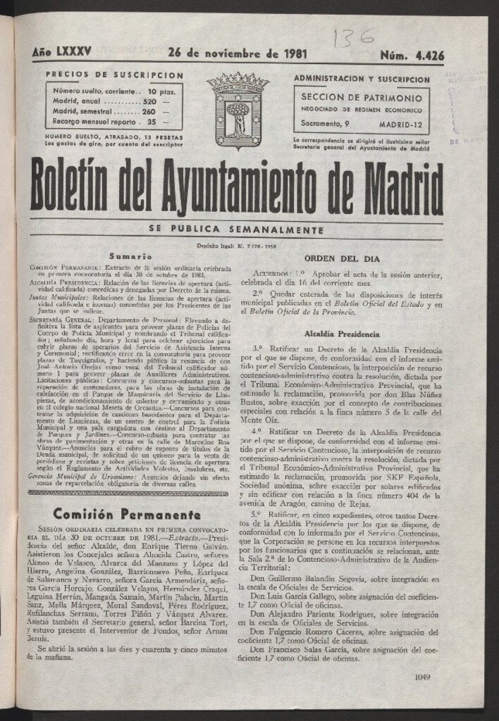 Miniatura de Boletín del Ayuntamiento de Madrid del 26 de noviembre de 1981