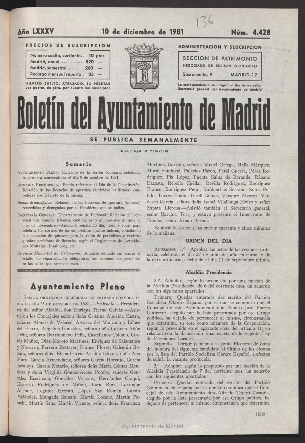 Miniatura de Boletín del Ayuntamiento de Madrid del 10 de diciembre de 1981