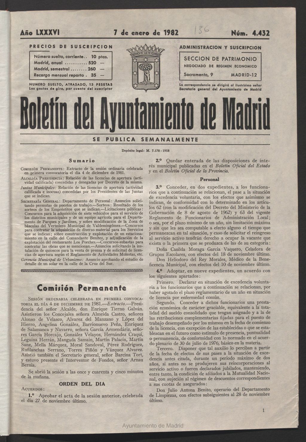 Miniatura de Boletín del Ayuntamiento de Madrid del 7 de enero de 1982
