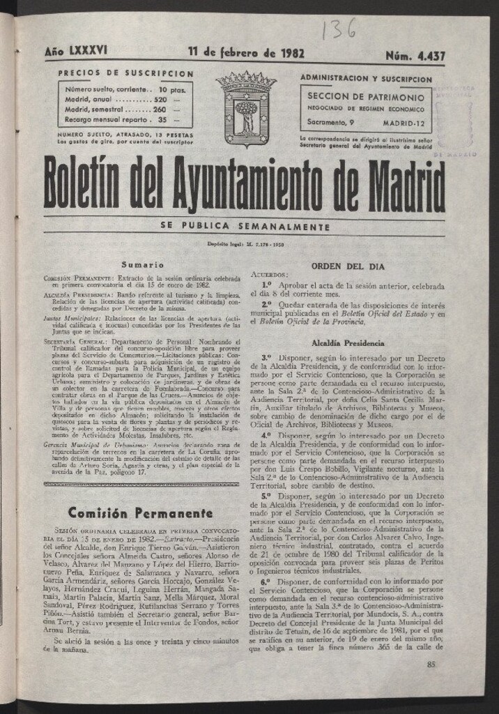 Miniatura de Boletín del Ayuntamiento de Madrid del 11 de febrero de 1982