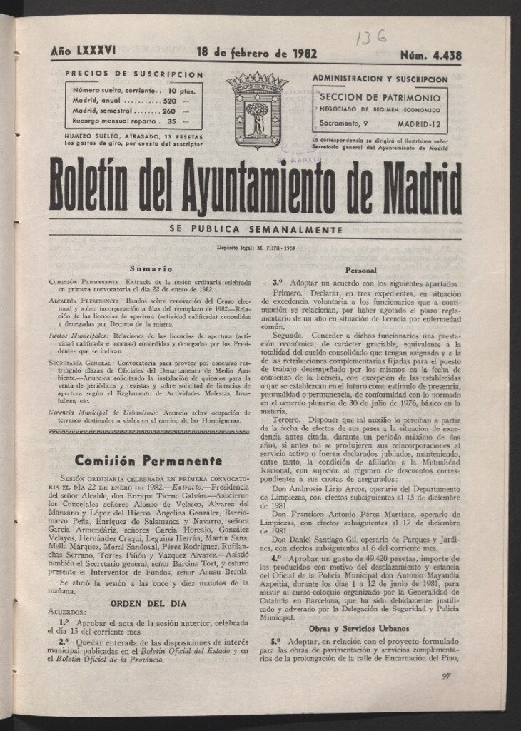 Miniatura de Boletín del Ayuntamiento de Madrid del 18 de febrero de 1982