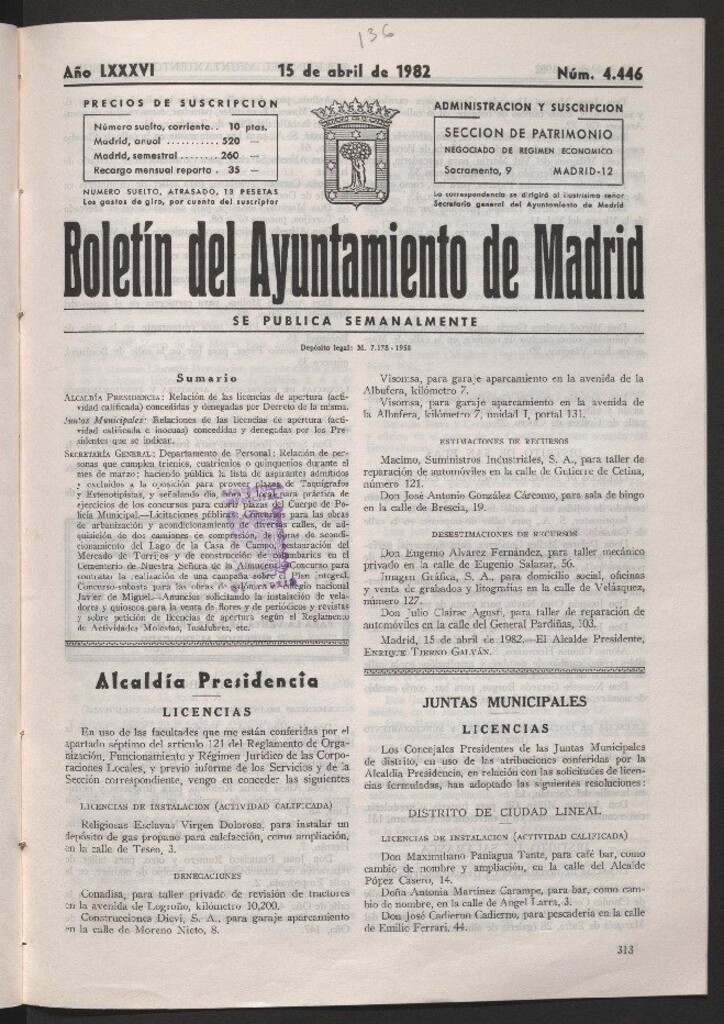 Miniatura de Boletín del Ayuntamiento de Madrid del 15 de abril de 1982