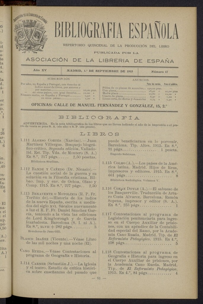 Miniatura de Bibliografía Española del 1 de septiembre de 1915