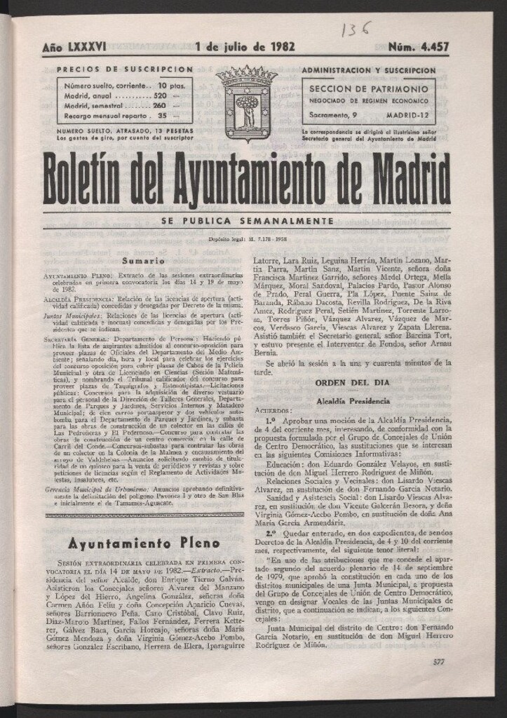 Miniatura de Boletín del Ayuntamiento de Madrid del 1 de julio de 1982