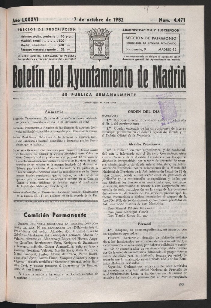 Miniatura de Boletín del Ayuntamiento de Madrid del 7 de octubre de 1982