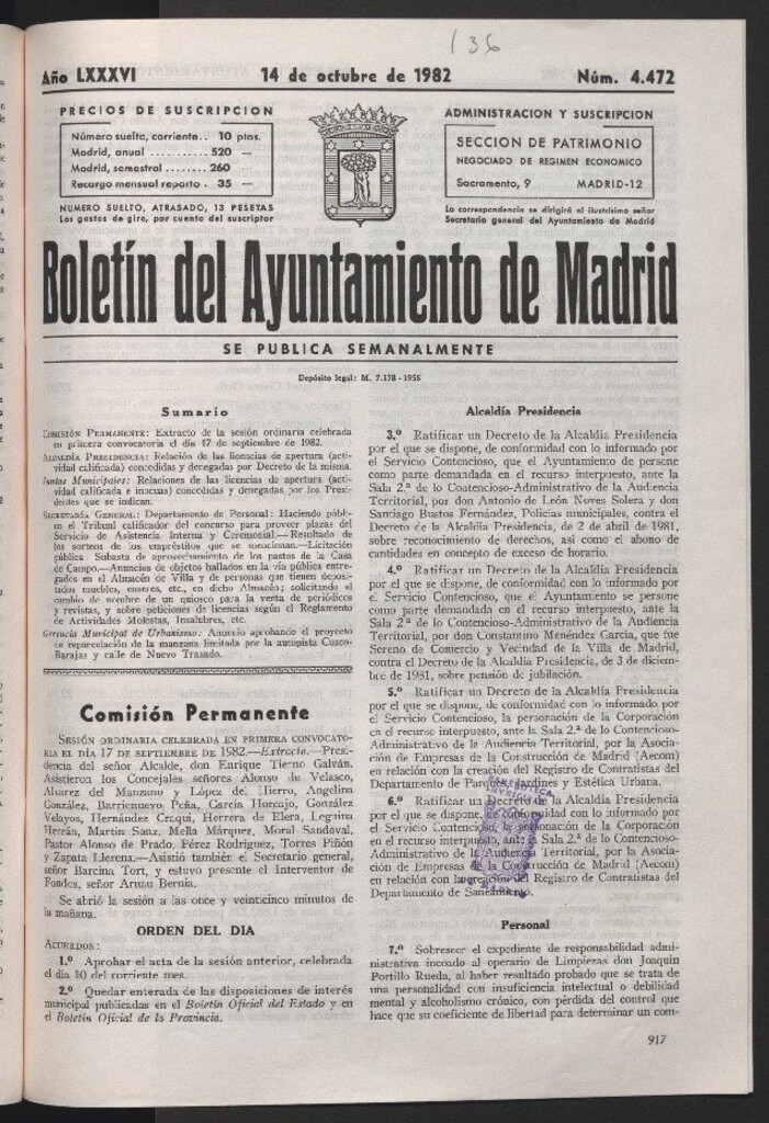 Miniatura de Boletín del Ayuntamiento de Madrid del 14 de octubre de 1982