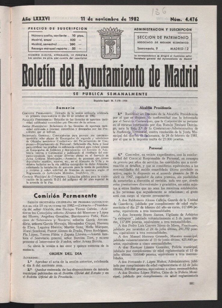 Miniatura de Boletín del Ayuntamiento de Madrid del 11 de noviembre de 1982