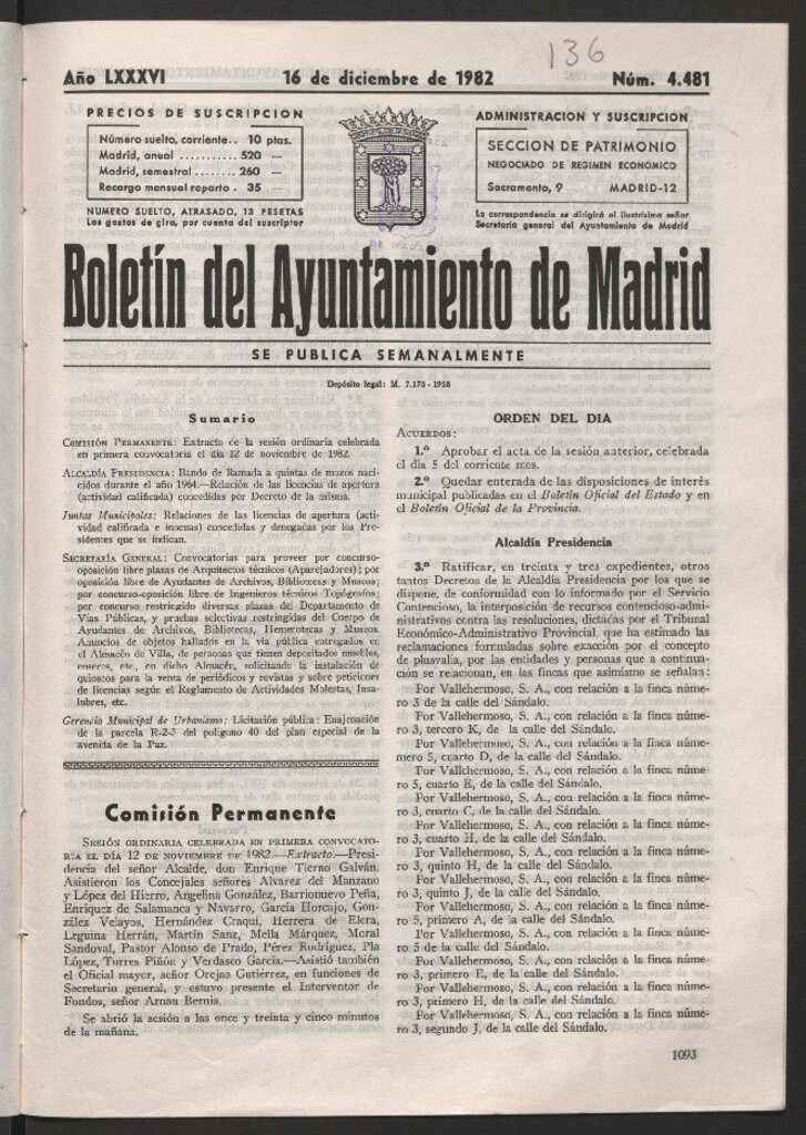 Miniatura de Boletín del Ayuntamiento de Madrid del 16 de diciembre de 1982
