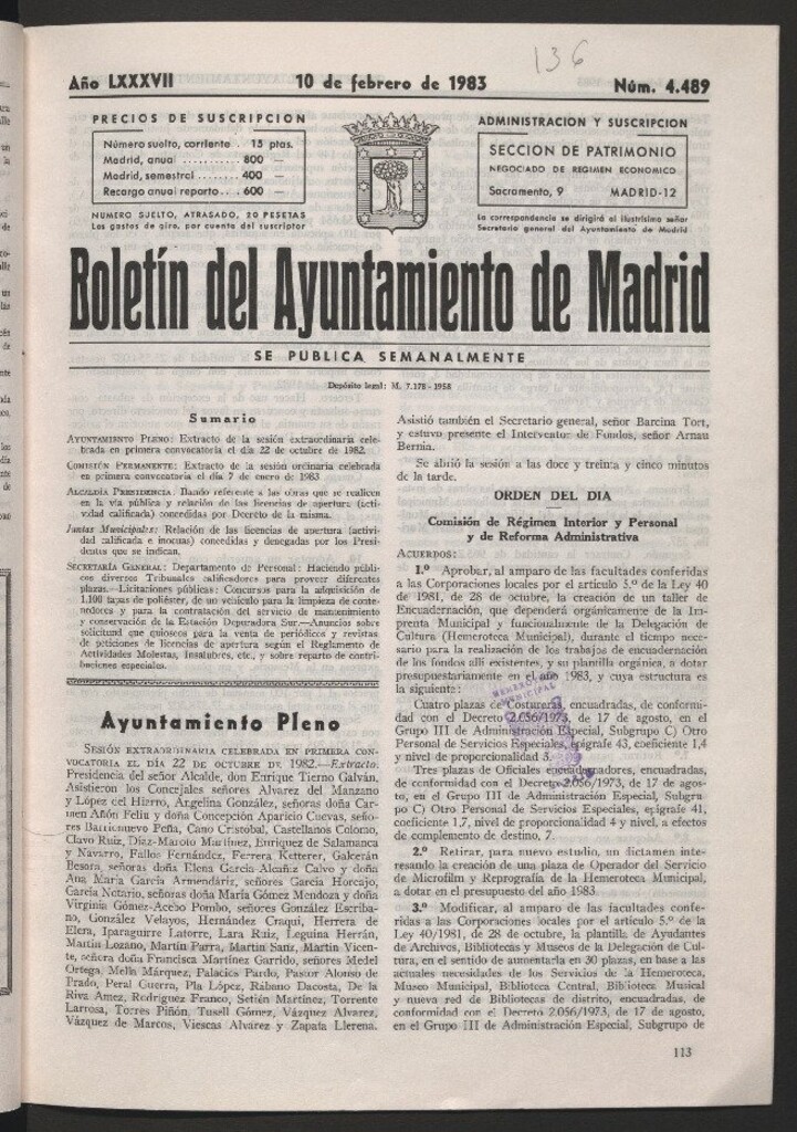 Miniatura de Boletín del Ayuntamiento de Madrid del 10 de febrero de 1983