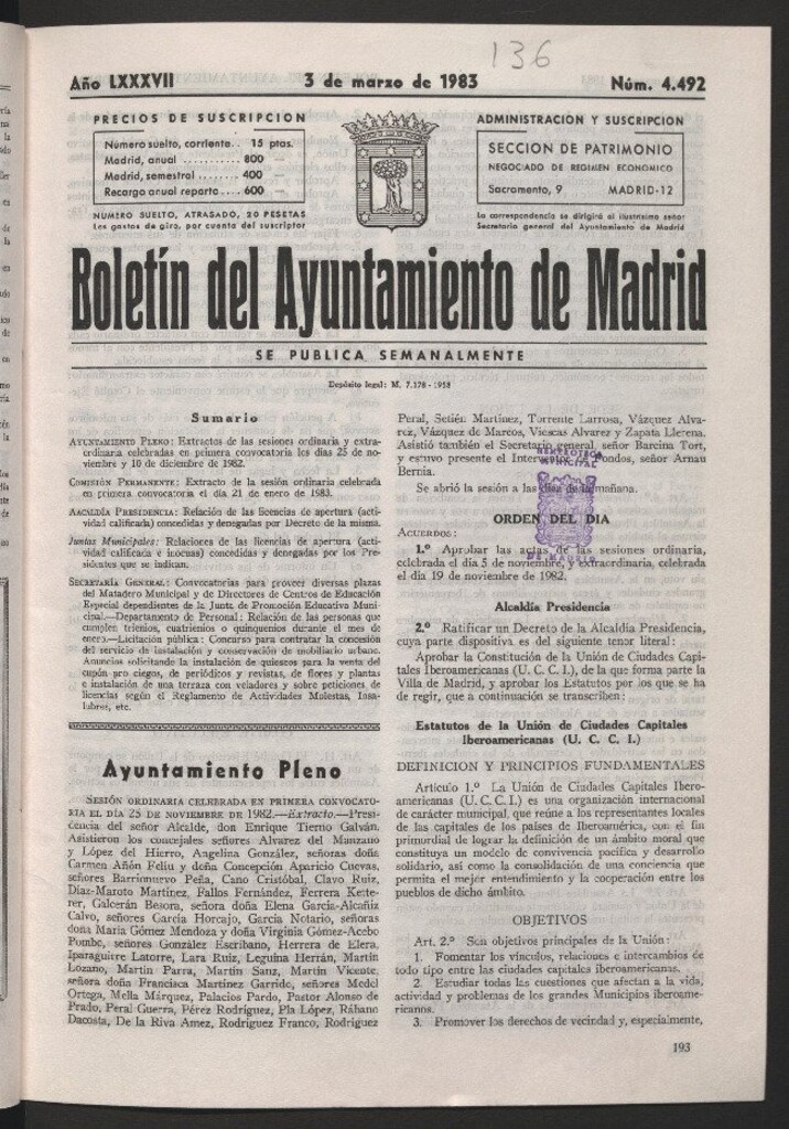 Miniatura de Boletín del Ayuntamiento de Madrid del 3 de marzo de 1983