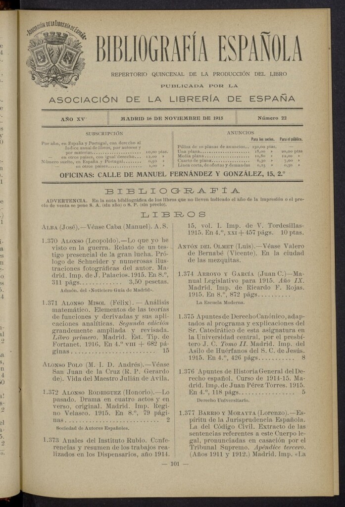 Miniatura de Bibliografía Española del 16 de noviembre de 1915