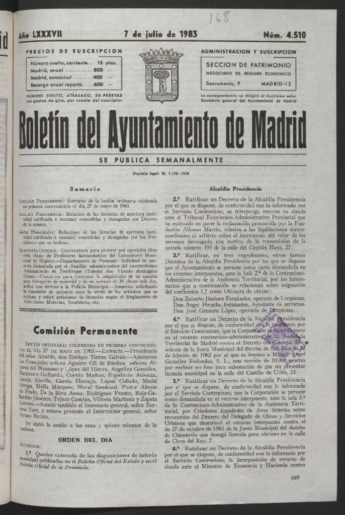 Miniatura de Boletín del Ayuntamiento de Madrid del 7 de julio de 1983