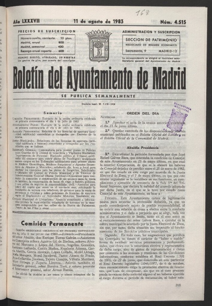 Miniatura de Boletín del Ayuntamiento de Madrid del 11 de agosto de 1983