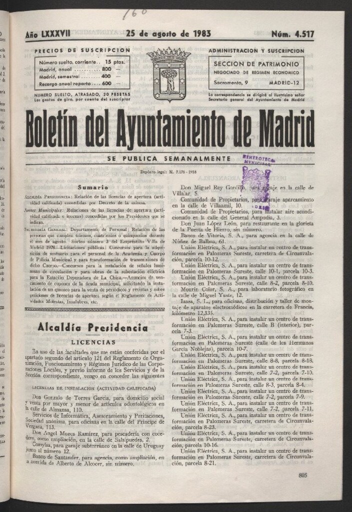 Miniatura de Boletín del Ayuntamiento de Madrid del 25 de agosto de 1983