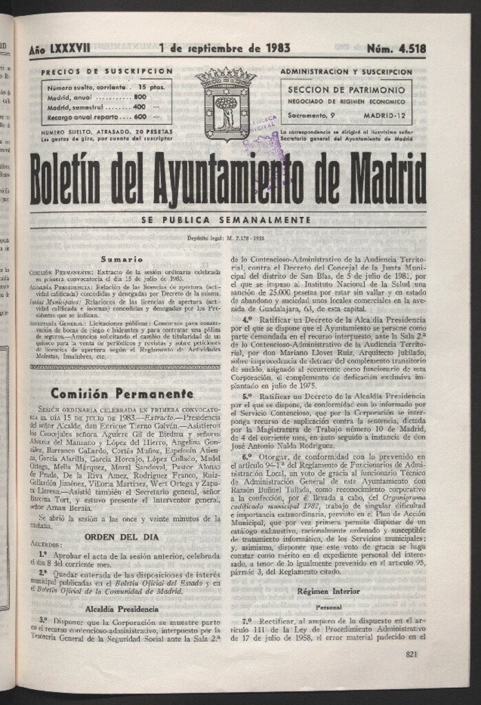 Miniatura de Boletín del Ayuntamiento de Madrid del 1 de septiembre de 1983