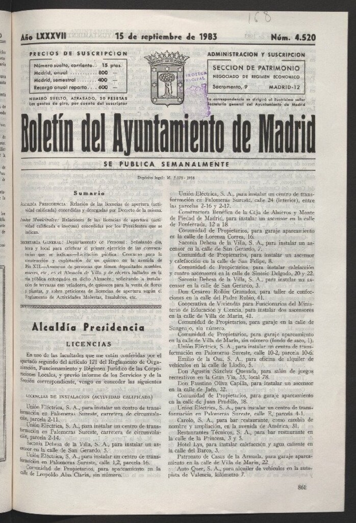 Miniatura de Boletín del Ayuntamiento de Madrid del 15 de septiembre de 1983