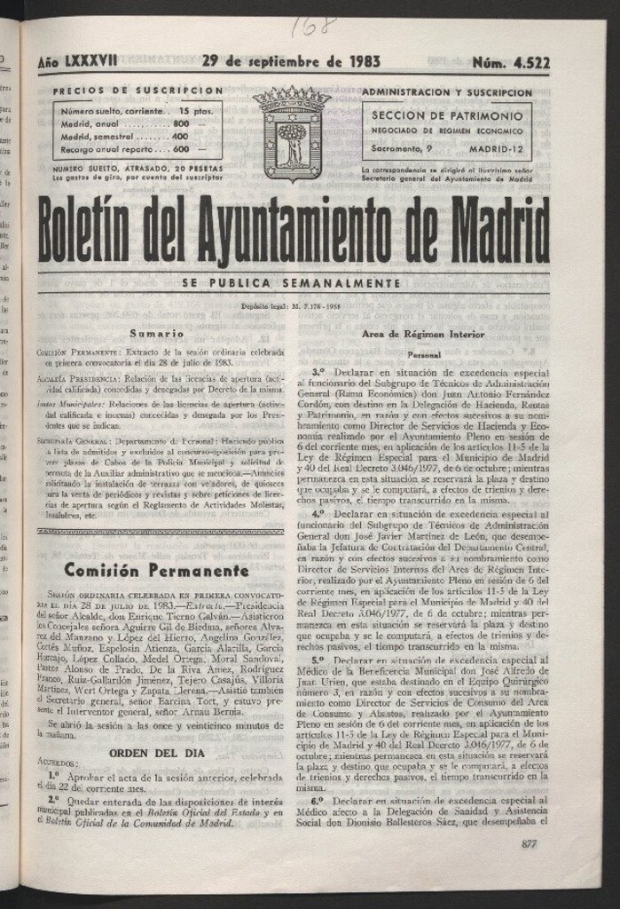 Miniatura de Boletín del Ayuntamiento de Madrid del 29 de septiembre de 1983