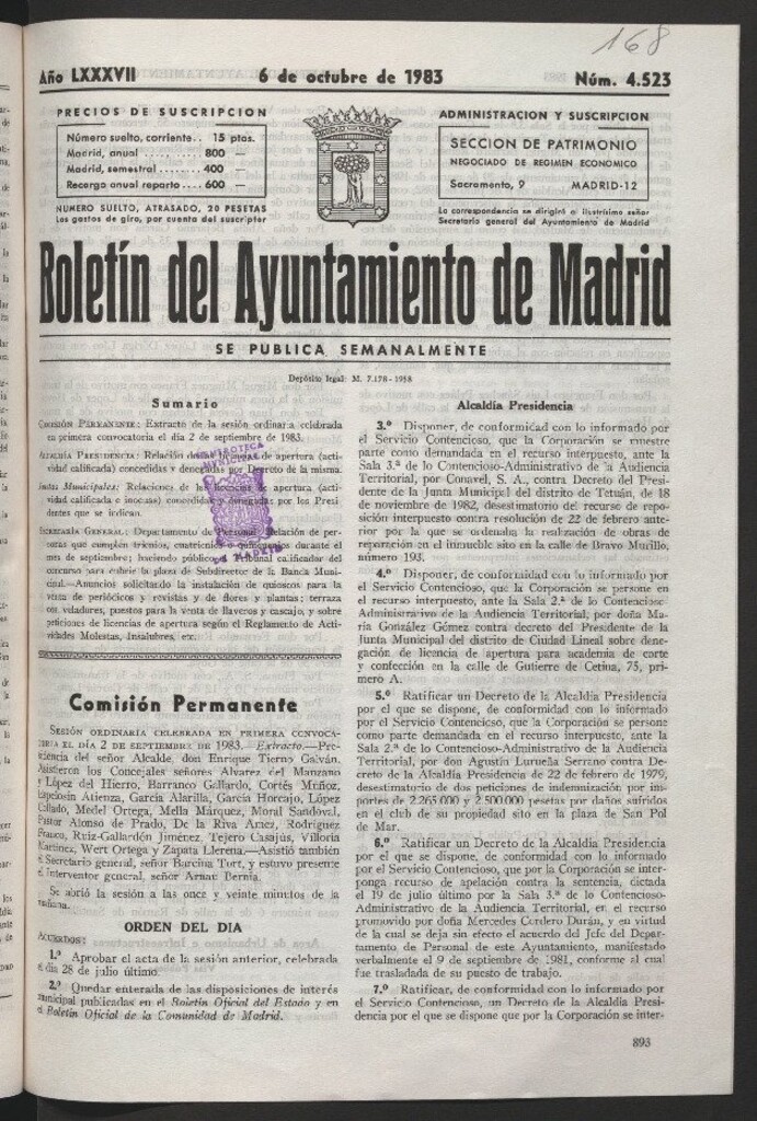 Miniatura de Boletín del Ayuntamiento de Madrid del 6 de octubre de 1983