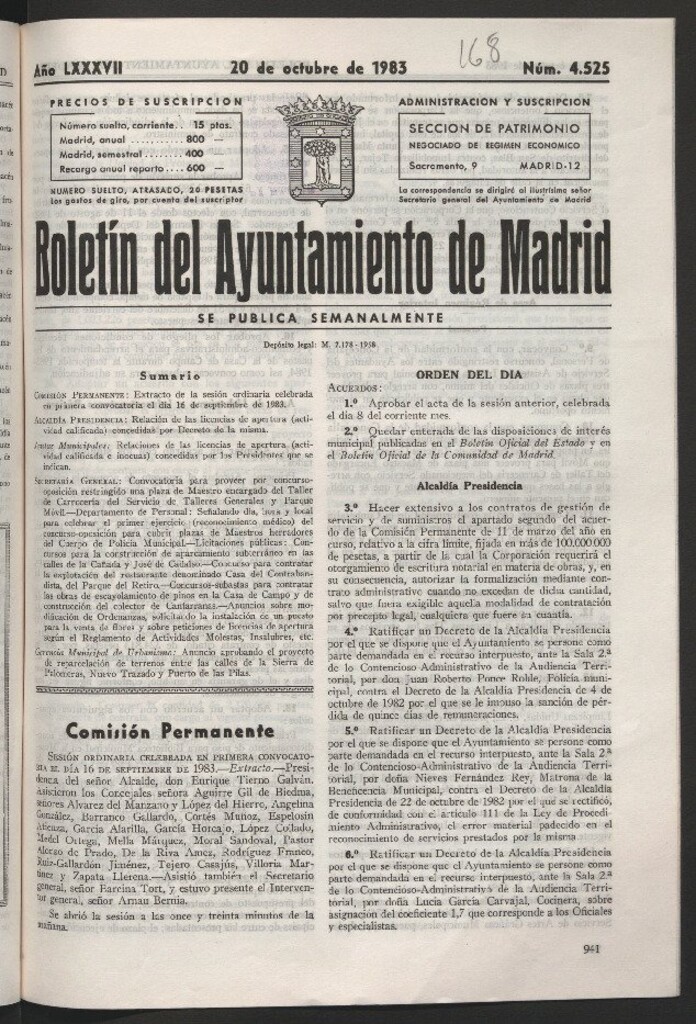 Miniatura de Boletín del Ayuntamiento de Madrid del 20 de octubre de 1983
