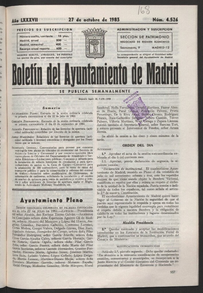 Miniatura de Boletín del Ayuntamiento de Madrid del 27 de octubre de 1983