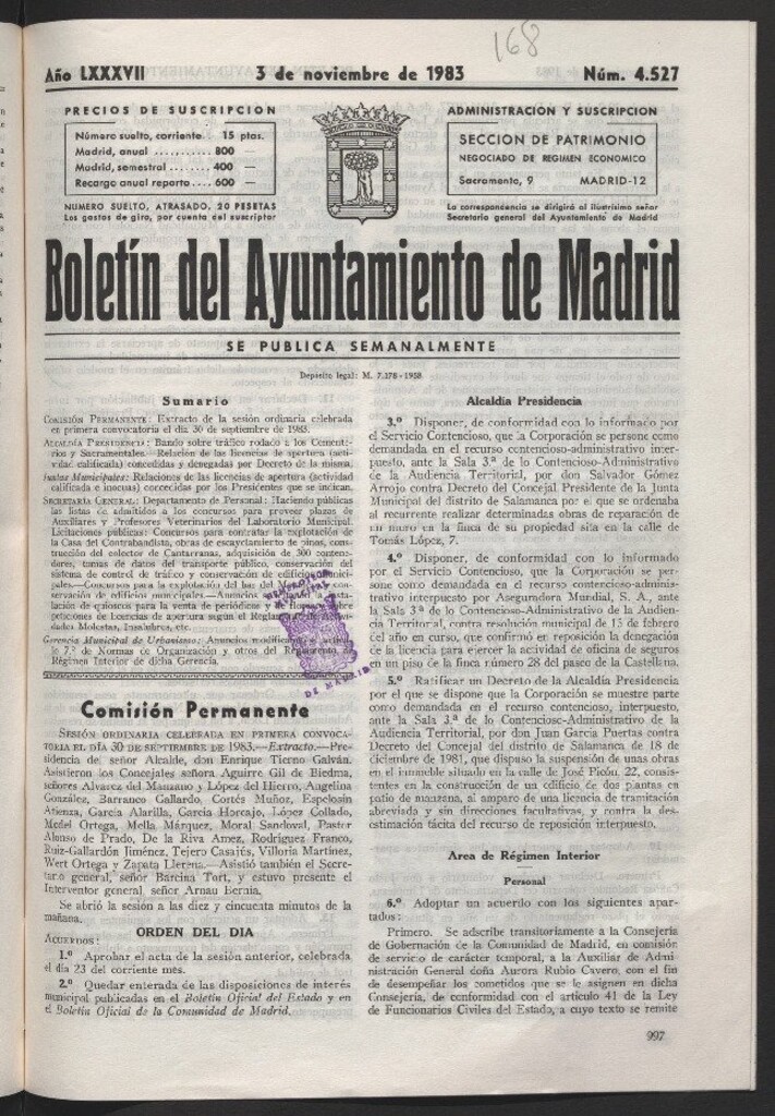 Miniatura de Boletín del Ayuntamiento de Madrid del 3 de noviembre de 1983