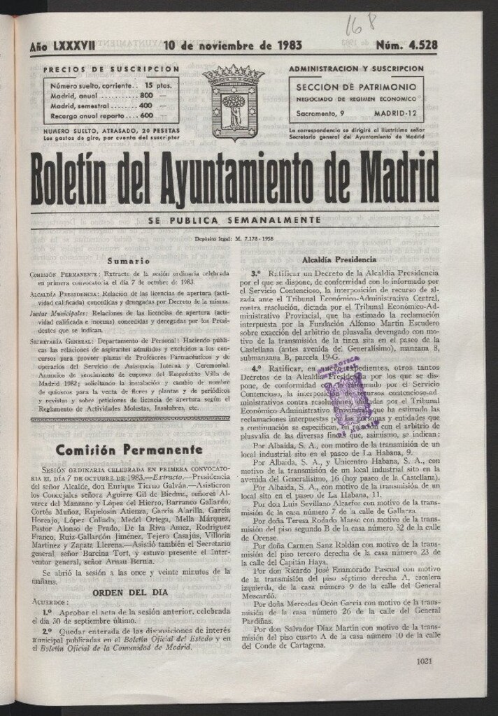 Miniatura de Boletín del Ayuntamiento de Madrid del 10 de noviembre de 1983