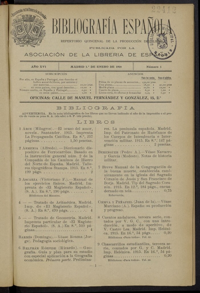 Miniatura de Bibliografía Española del 1 de enero de 1916