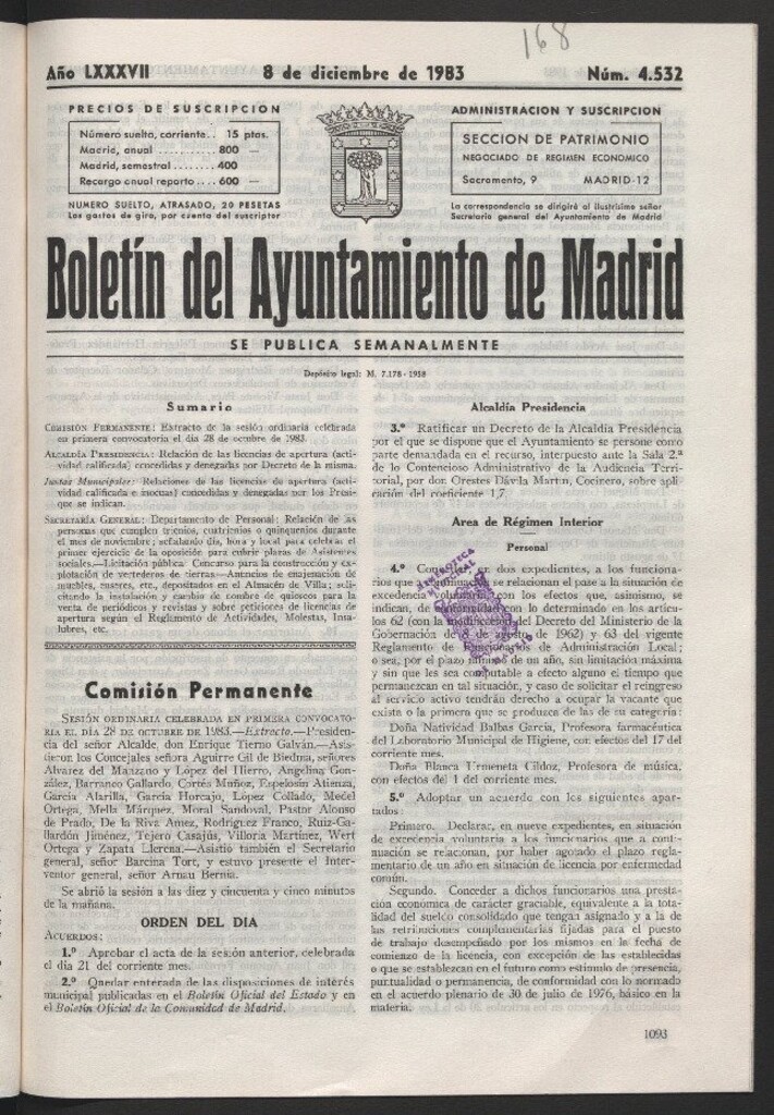 Miniatura de Boletín del Ayuntamiento de Madrid del 8 de diciembre de 1983