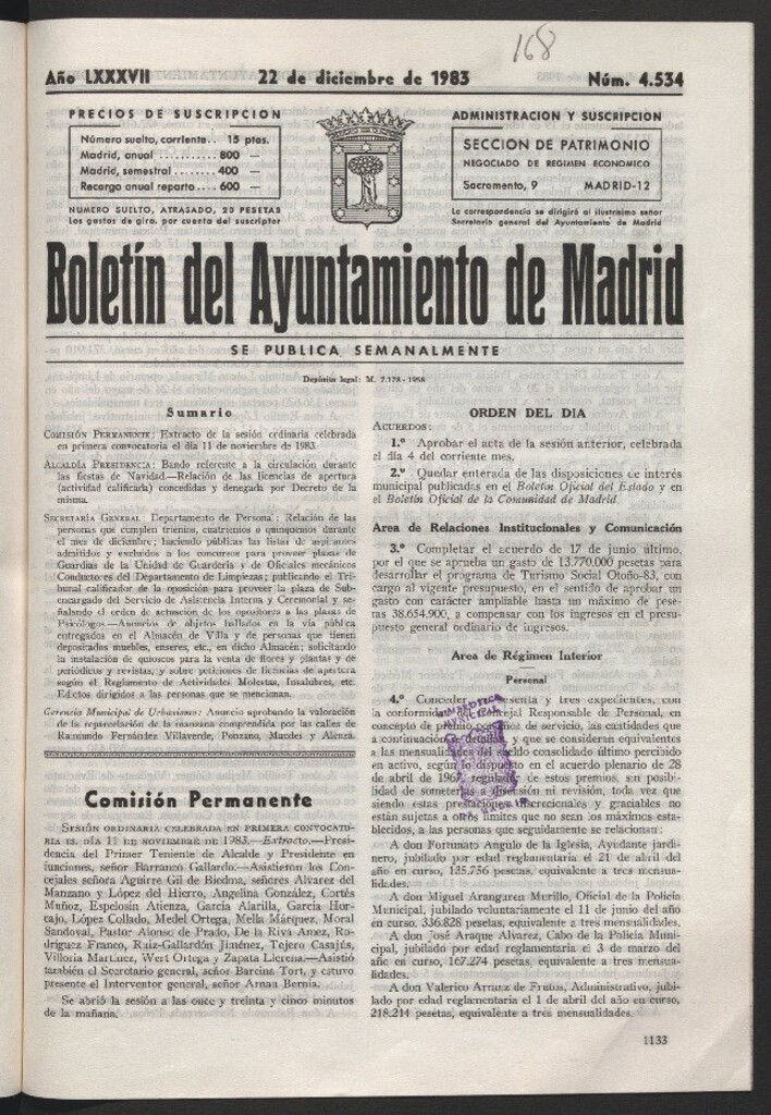Miniatura de Boletín del Ayuntamiento de Madrid del 22 de diciembre de 1983
