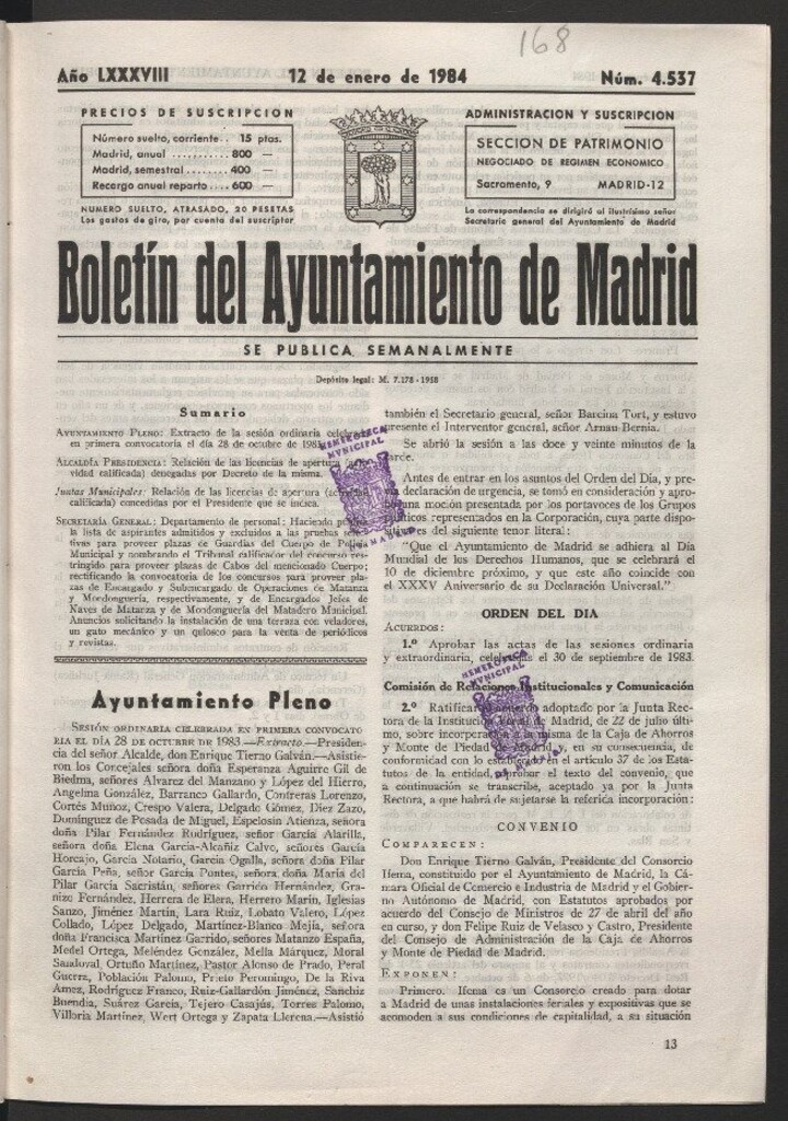 Miniatura de Boletín del Ayuntamiento de Madrid del 12 de enero de 1984
