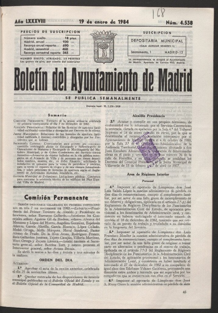 Miniatura de Boletín del Ayuntamiento de Madrid del 19 de enero de 1984