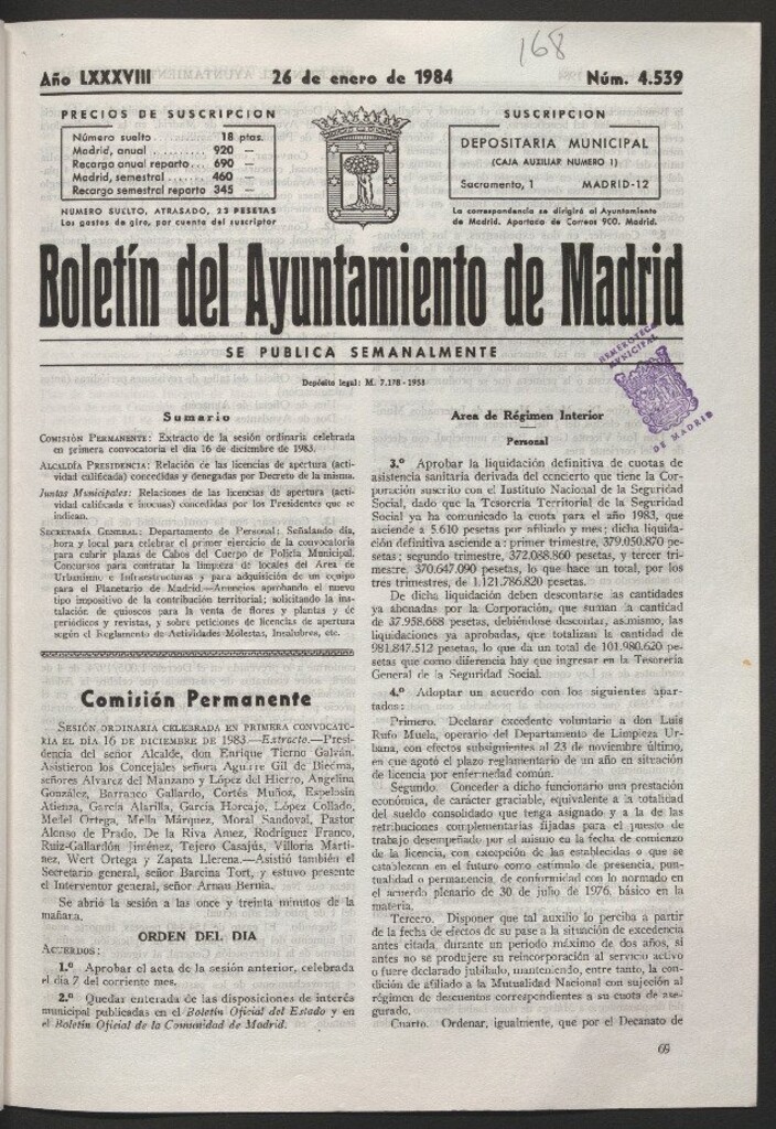 Miniatura de Boletín del Ayuntamiento de Madrid del 26 de enero de 1984