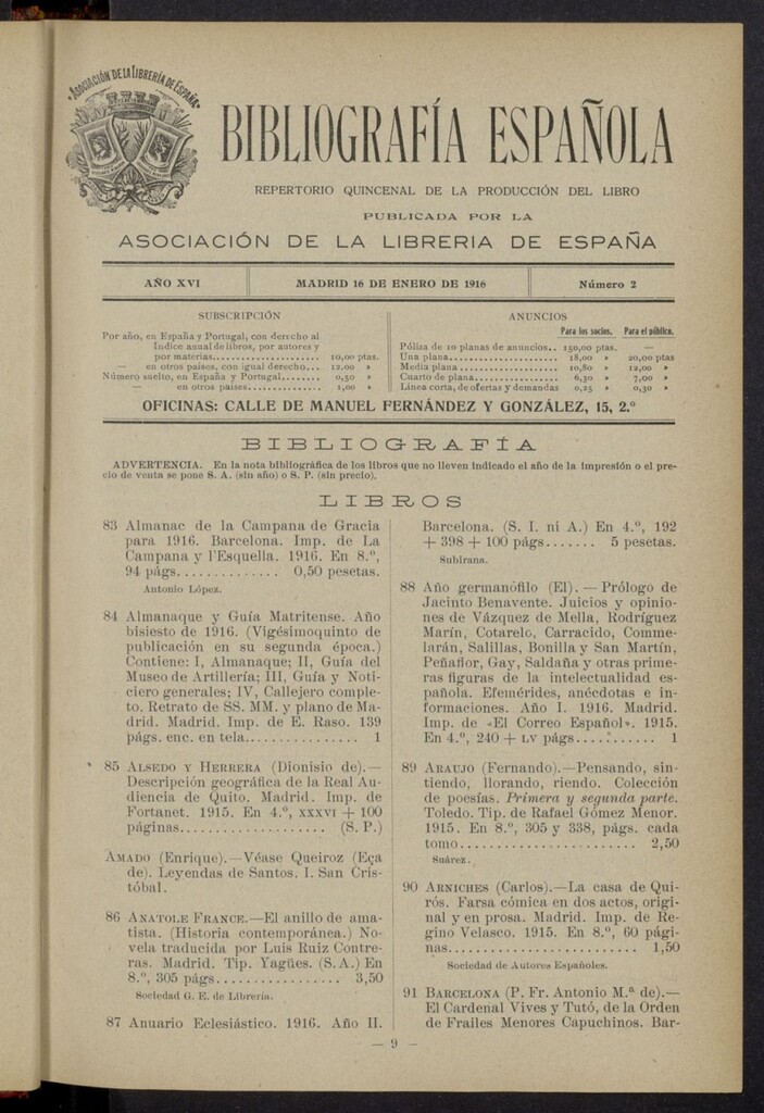 Miniatura de Bibliografía Española del 16 de enero de 1916