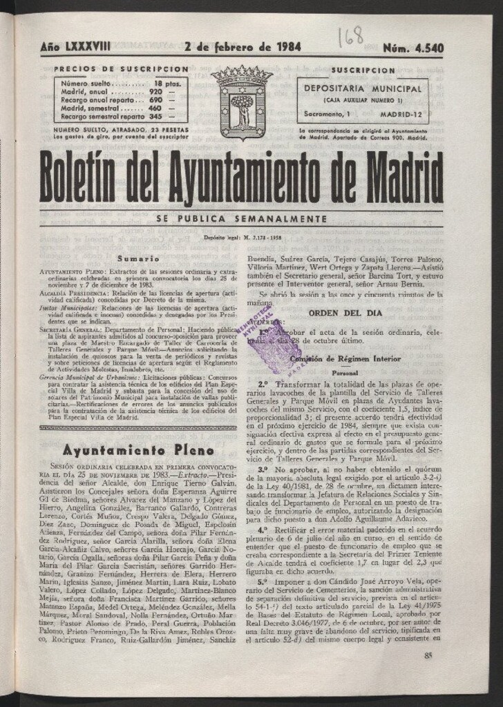 Miniatura de Boletín del Ayuntamiento de Madrid del 2 de febrero de 1984